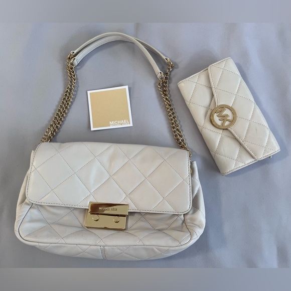 Michael Kors Sloan XL Chain Leather Shoulder Bag‎ Ivory Gold & Wallet - Picture 1 of 16